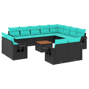 vidaXL 13-teiliges Gartensofa-Set mit Kissen, schwarzes Polyrattan