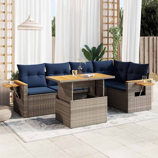 vidaXL 6-tlg. Garten-Sofagarnitur mit Kissen Grau Poly Rattan Akazie