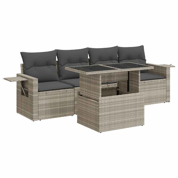 vidaXL 5-tlg. Garten-Sofagarnitur mit Kissen Hellgrau Poly Rattan
