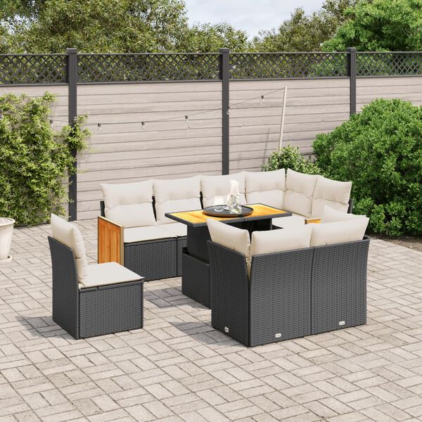 vidaXL 9-tlg. Garten-Sofagarnitur mit Kissen Schwarz Poly Rattan