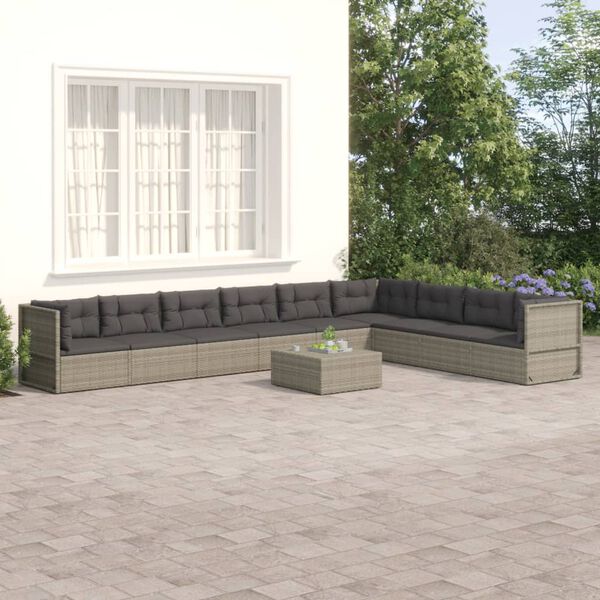 vidaXL 9-tlg. Garten-Lounge-Set mit Kissen Grau Poly Rattan