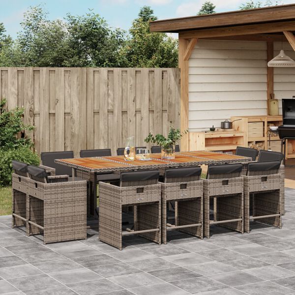 vidaXL 13-tlg. Garten-Essgruppe mit Kissen Grau Poly Rattan