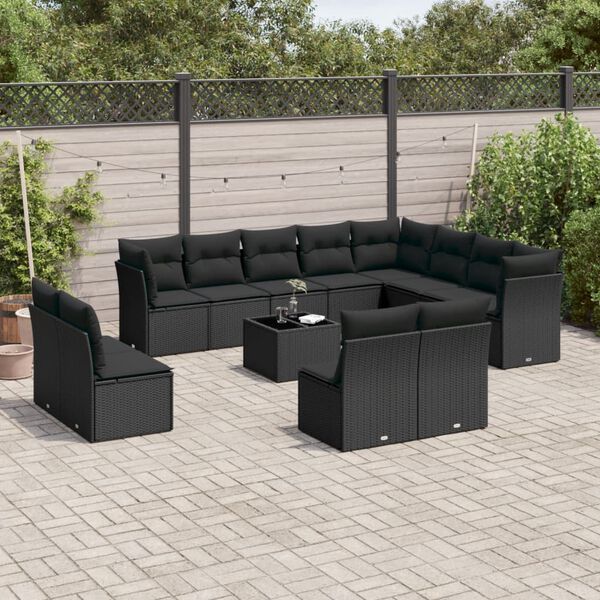 vidaXL 13-tlg. Garten-Sofagarnitur mit Kissen Schwarz Poly Rattan