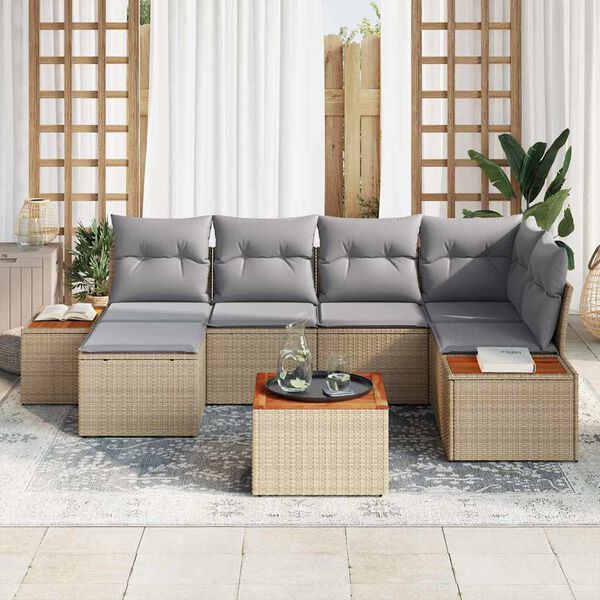 vidaXL Garten-Sofa-Set mit Kissen 7 pcs Beige Poly-Rattan