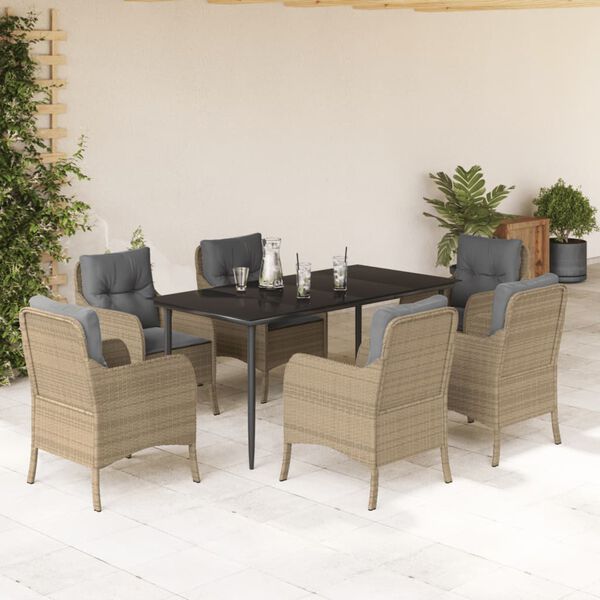 vidaXL 7-tlg. Garten-Essgruppe mit Kissen Beige Poly Rattan