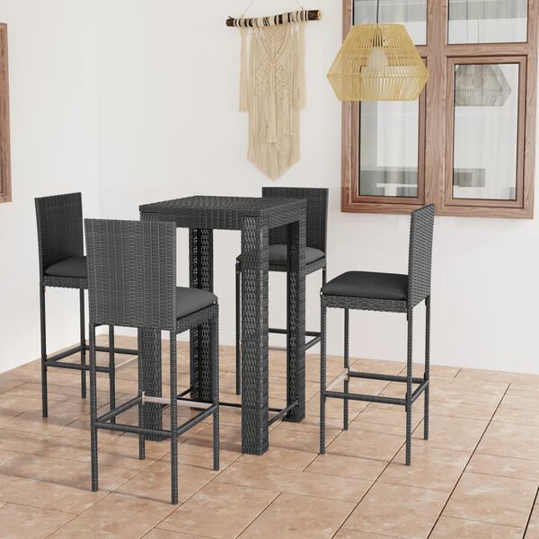 vidaXL 5-tlg. Gartenbar-Set mit Kissen Poly Rattan Grau