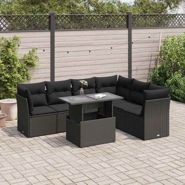 vidaXL 7-tlg. Garten-Sofagarnitur mit Kissen Schwarz Poly Rattan