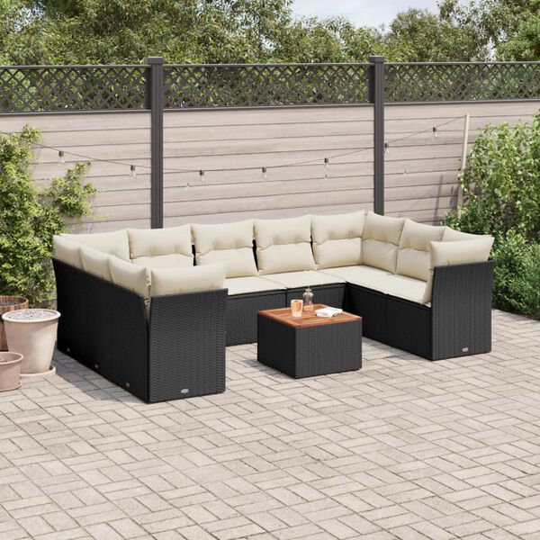 vidaXL 10-tlg. Garten-Sofagarnitur mit Kissen Schwarz Poly Rattan