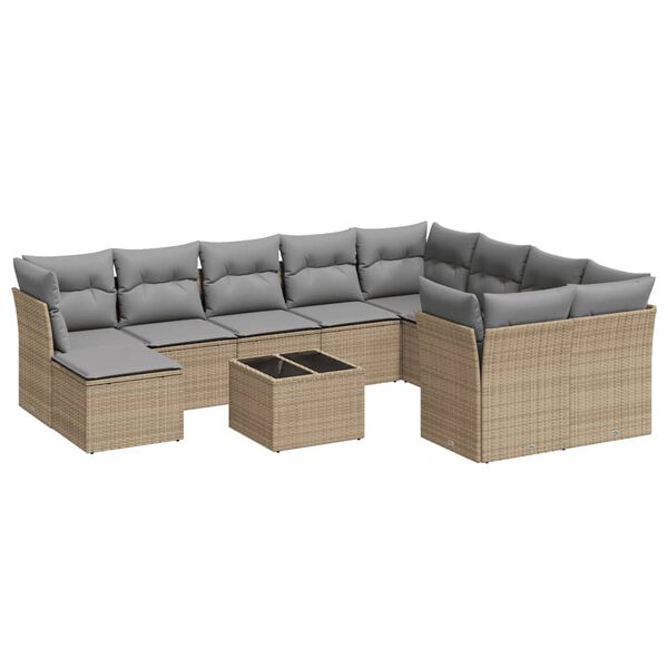 vidaXL 11-tlg. Garten-Sofagarnitur mit Kissen Beige Poly Rattan