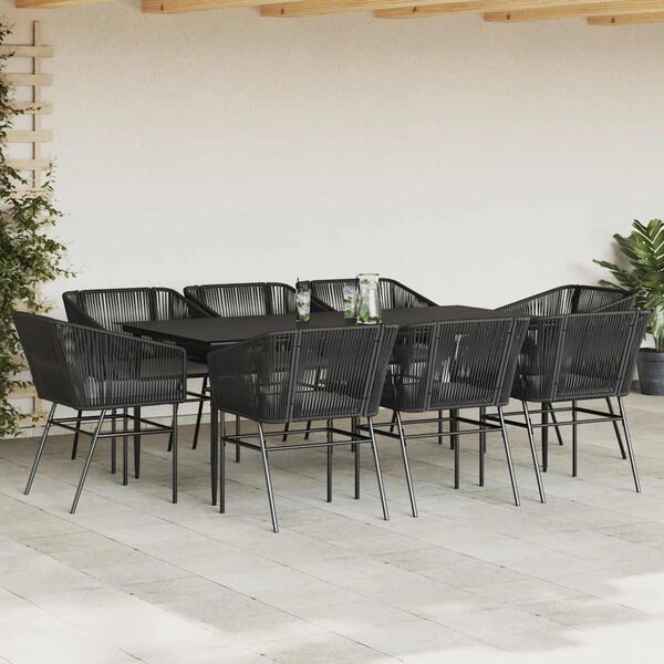 vidaXL 9-tlg. Garten-Essgruppe mit Kissen Schwarz Poly Rattan Glas