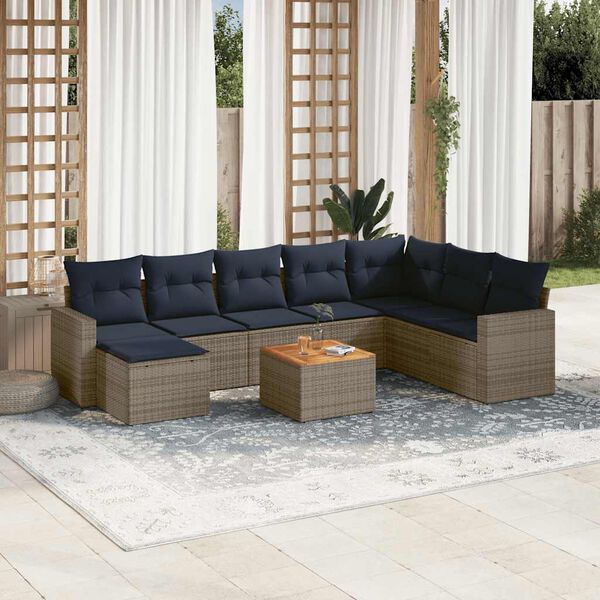 vidaXL 9-teiliges Gartensofa-Set mit Kissen, grau, Polyrattan