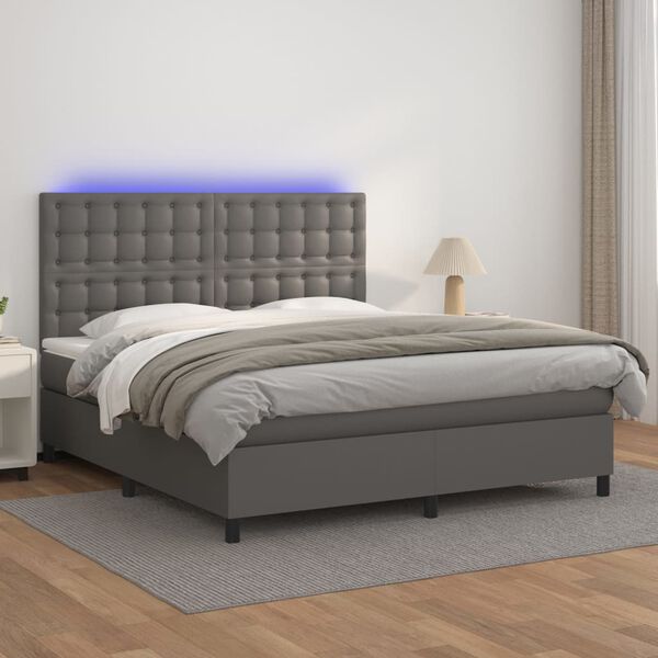 vidaXL Boxspringbett mit Matratze & LED Grau 160x200 cm Kunstleder