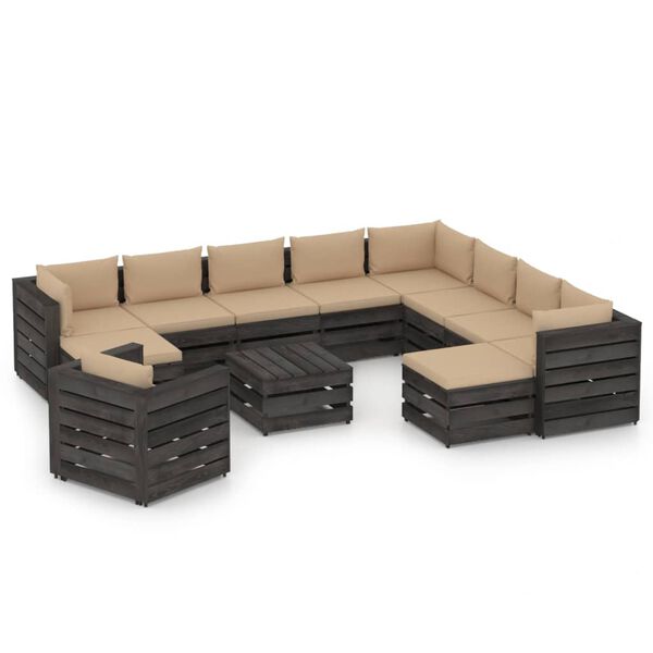 vidaXL 12-tlg. Garten-Lounge-Set mit Kissen Grau Impr&auml;gniertes Holz