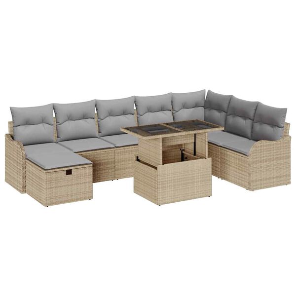 vidaXL Garten-Sofa-Set mit Kissen mit Speicher 9 pcs Beige Poly Rattan