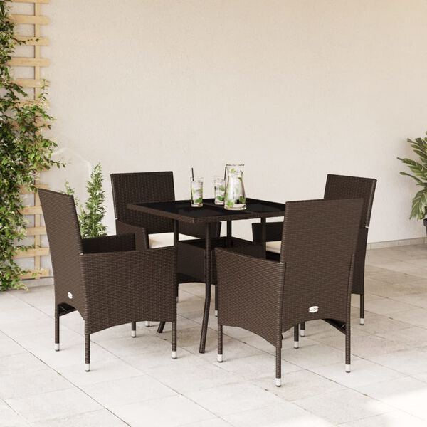 vidaXL 5-tlg. Garten-Essgruppe mit Kissen Braun Poly Rattan Glas