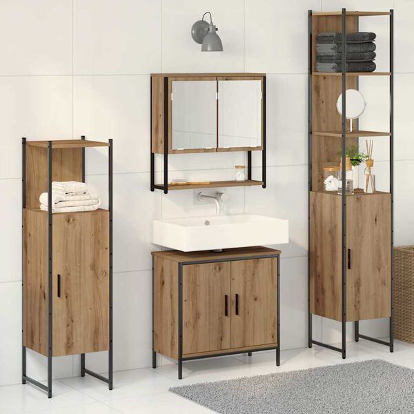 vidaXL Badezimmerm&ouml;bel-Set mit Regal mit T&uuml;r 4 pcs Braun Holzwerkstoff