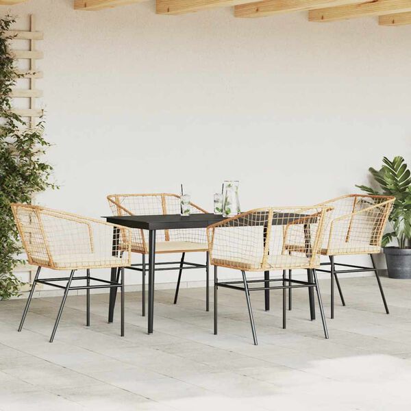 vidaXL 5-tlg. Garten-Essgruppe mit Kissen Braun Poly Rattan Glas