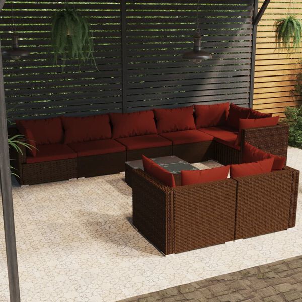 vidaXL 9-tlg. Garten-Lounge-Set mit Kissen Braun Poly Rattan