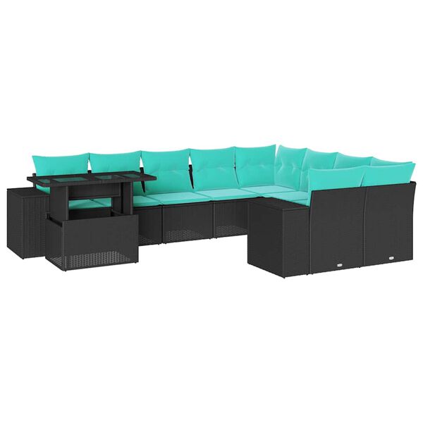 vidaXL 10-teiliges Gartensofa-Set mit Kissen, schwarzes Polyrattan