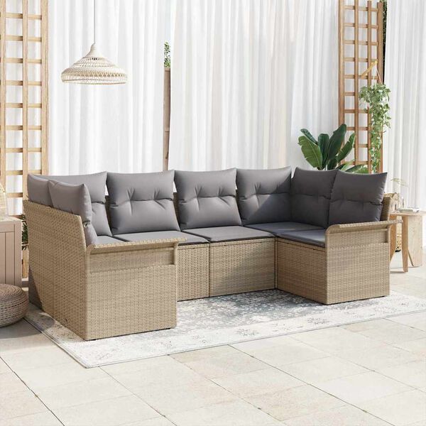 vidaXL Garten-Sofa-Set mit Kissen mit Speicher 6 pcs Beige Poly Rattan
