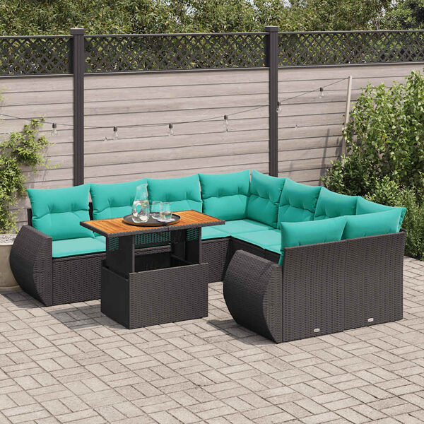 vidaXL 9-tlg. Garten-Sofagarnitur mit Kissen Schwarz Poly Rattan