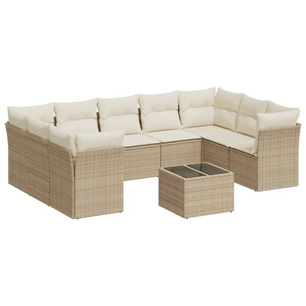 vidaXL 10-tlg. Garten-Sofagarnitur mit Kissen Beige Poly Rattan