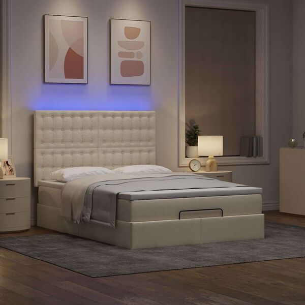 vidaXL Ottoman-Bett mit Matratze & LEDs Creme 140x190 cm Stoff