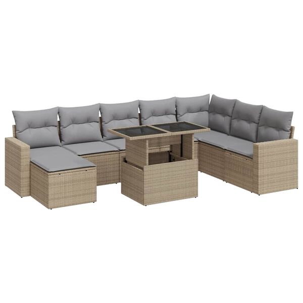 vidaXL 9-tlg. Garten-Sofagarnitur mit Kissen Beige Poly Rattan
