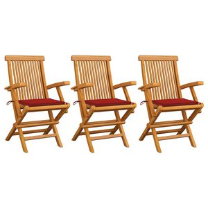 vidaXL Klappst&uuml;hle mit roten Kissen, 3-teilig, Massivholz Teakholz