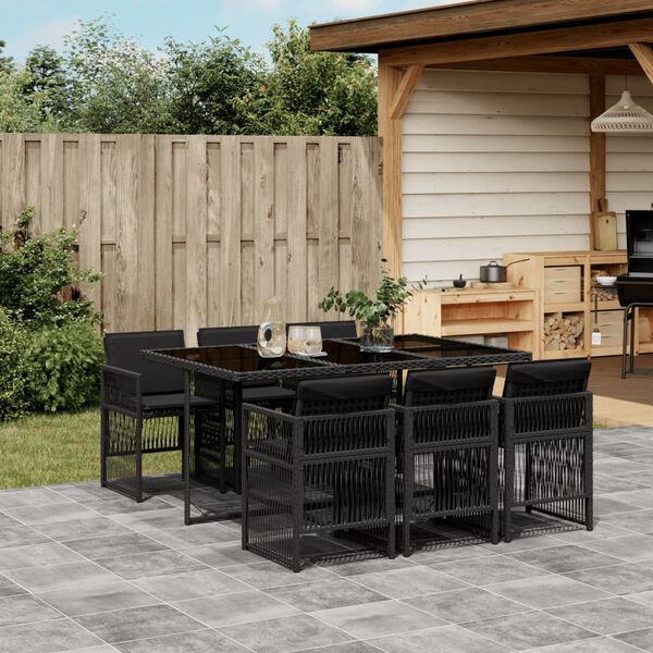 vidaXL 7-tlg. Garten-Essgruppe mit Kissen Schwarz Poly Rattan