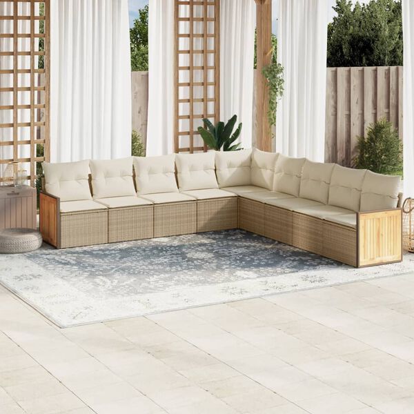 vidaXL 9-tlg. Garten-Sofagarnitur mit Kissen Beige Poly Rattan