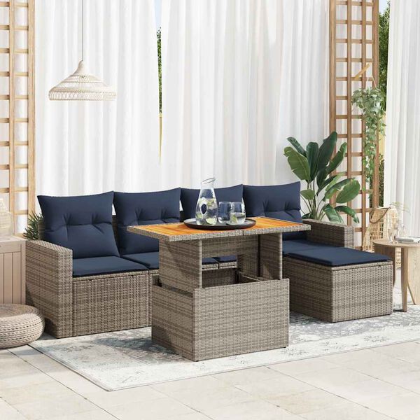 vidaXL 6-tlg. Garten-Sofagarnitur mit Kissen Grau Poly Rattan