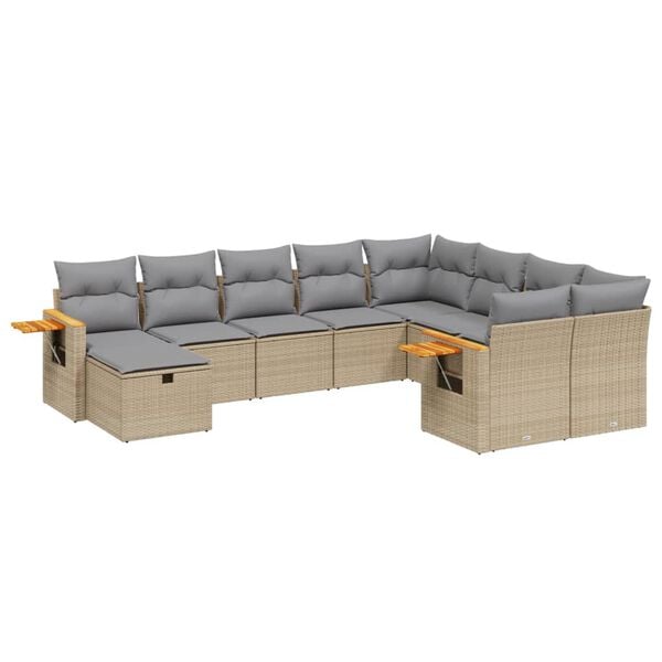 vidaXL 10-tlg. Garten-Sofagarnitur mit Kissen Beige Poly Rattan