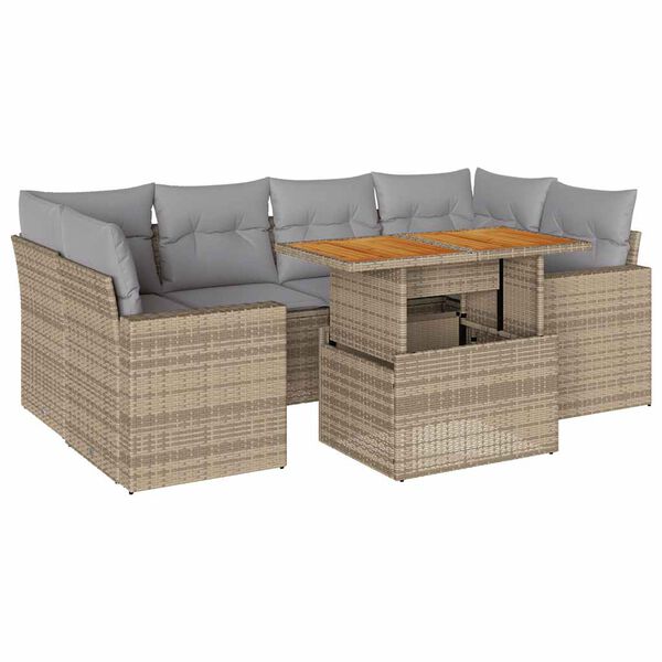 vidaXL 7-tlg. Garten-Sofagarnitur mit Kissen Beige Poly Rattan