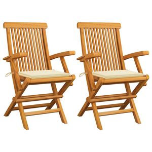 vidaXL Klappst&uuml;hle mit cremefarbenen Kissen, 2 St&uuml;ck, Massivholz Teakholz