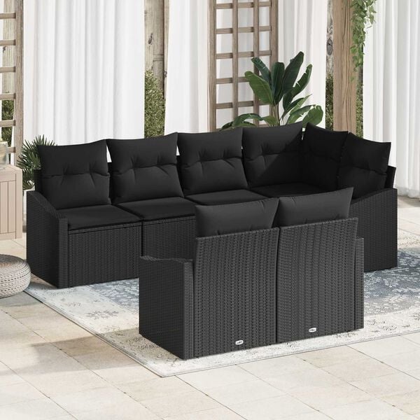 vidaXL Sofa Set mit Kissen 7 pcs Schwarz Poly Rattan
