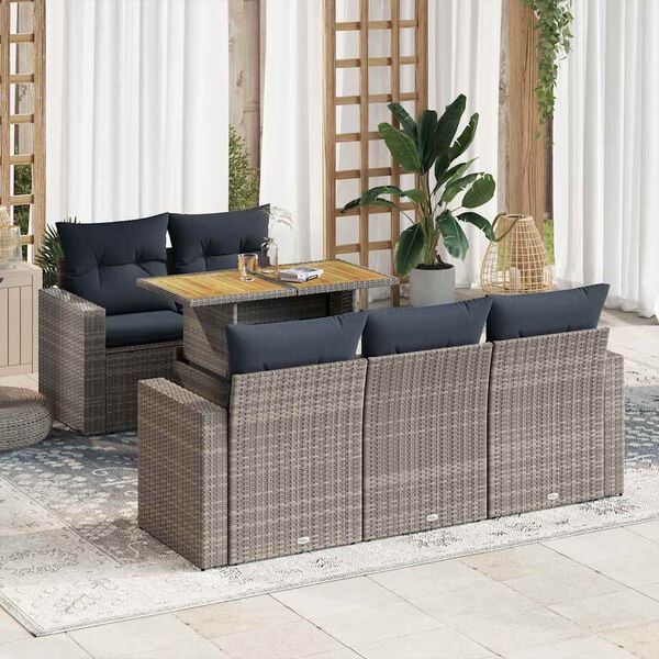 vidaXL 6-tlg. Garten-Sofagarnitur mit Kissen Grau Poly Rattan