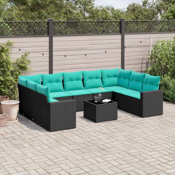 vidaXL 10-tlg. Garten-Sofagarnitur mit Kissen Schwarz Poly Rattan