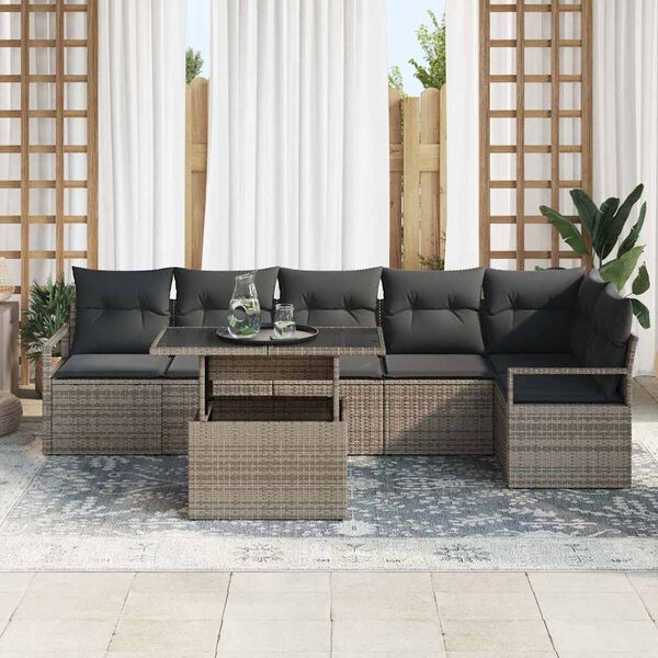 vidaXL Garten-Sofa-Set mit Kissen 7 pcs Grau Poly Rattan