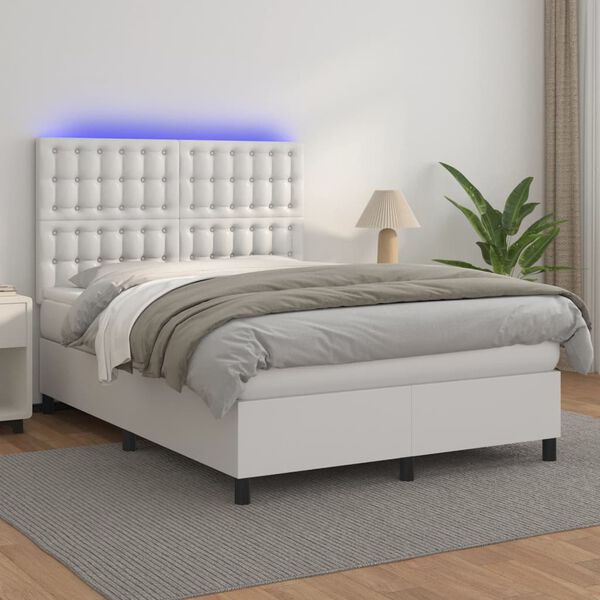 vidaXL Boxspringbett mit Matratze & LED Wei&szlig; 140x200 cm Kunstleder