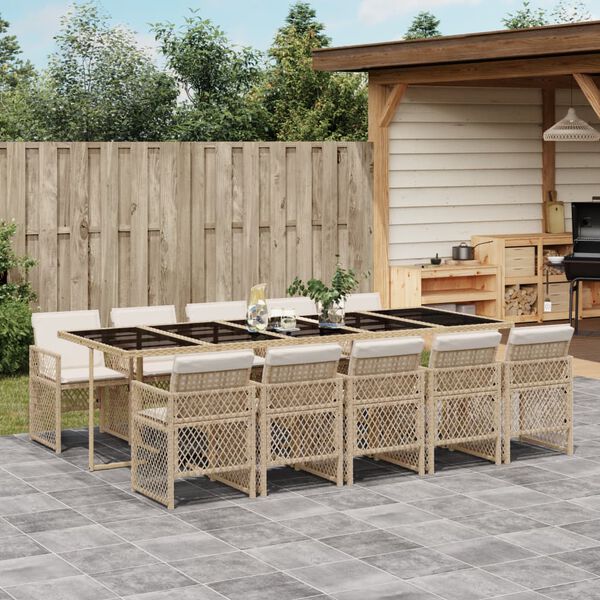 vidaXL 11-tlg. Garten-Essgruppe mit Kissen Beige Poly Rattan