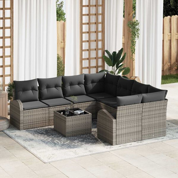 vidaXL Sofa Set mit Kissen mit Speicher 9 pcs Grau Poly-Rattan