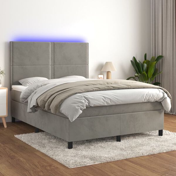vidaXL Boxspringbett mit Matratze & LED Hellgrau 140x190 cm Samt