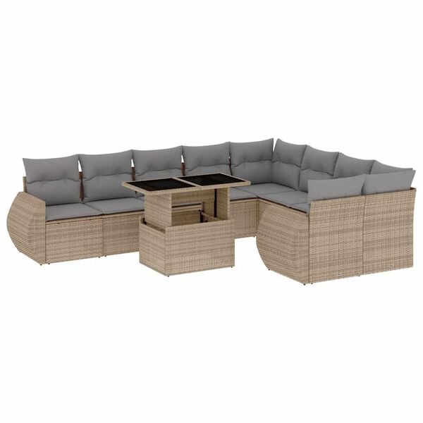 vidaXL 10-tlg. Garten-Sofagarnitur mit Kissen Beige Poly Rattan