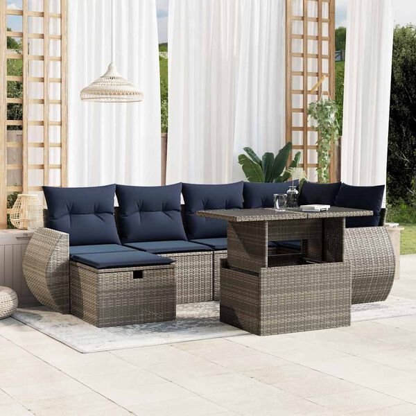 vidaXL 7-teiliges Gartensofa-Set mit Kissen, grau, Polyrattan