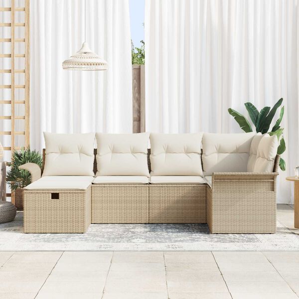 vidaXL Garten-Sofa-Set mit Kissen mit Speicher 6 pcs Beige Poly Rattan