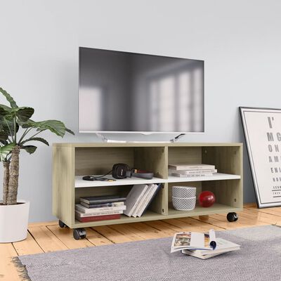 vidaXL TV-Schrank mit Rollen Weiß Sonoma-Eiche 90x35x35 cm