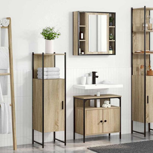 vidaXL Badezimmerm&ouml;bel-Set mit Regal mit T&uuml;r 3 pcs Braun Holzwerkstoff