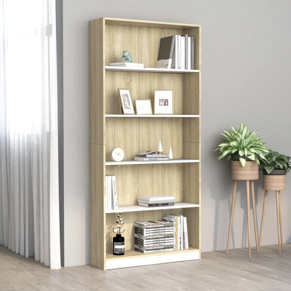 vidaXL B&uuml;cherregal 5 F&auml;cher Wei&szlig; Sonoma-Eiche 80x24x175 Holzwerkstoff