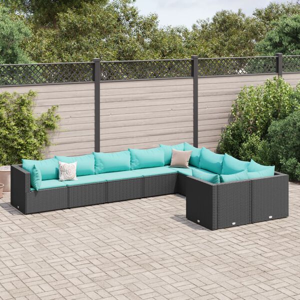 vidaXL 9-tlg. Garten-Sofagarnitur mit Kissen Schwarz Poly Rattan